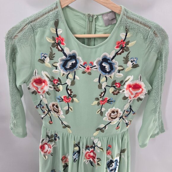 Asos Light Soft Green Floral Embroidered Lined Lace Trim High Neck Midi Dress 4 - Picture 2 of 15